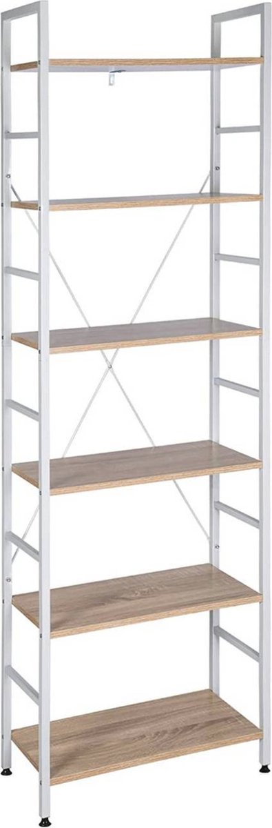 Happyment Boekenkast Larry - Industrieel - 6 Lagen - Wit/Oak - Boekenrek - Woonkamer, slaapkamer en kinderkamer - Hout/Metaal - 60x28x180cm
