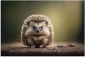 Poster Glanzend – Egel staat op houten ondergrond en kijkt rechtvooruit - 90x60 cm Foto op Posterpapier met Glanzende Afwerking