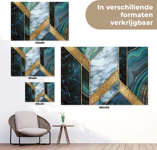Tuinposter 60x40 cm - Tuindecoratie Marmer - Mozaïek - Goud - Poster voor in de tuin - Buiten decoratie - Schutting tuinschilderij - Tuindoek muurdecoratie - Wanddecoratie balkondoek