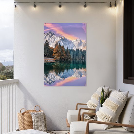 Affiche jardin - Toile jardin - Posters de jardin extérieur - Montagnes - Forêt - Water - Ciel - Rose - Violet - 80x120 cm - Jardin
