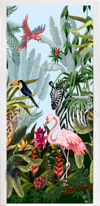 Deurposter met een jungle-print: een rode papegaai, toekan, zebra, giraffe, luipaard en flamingo tussen tropische planten.