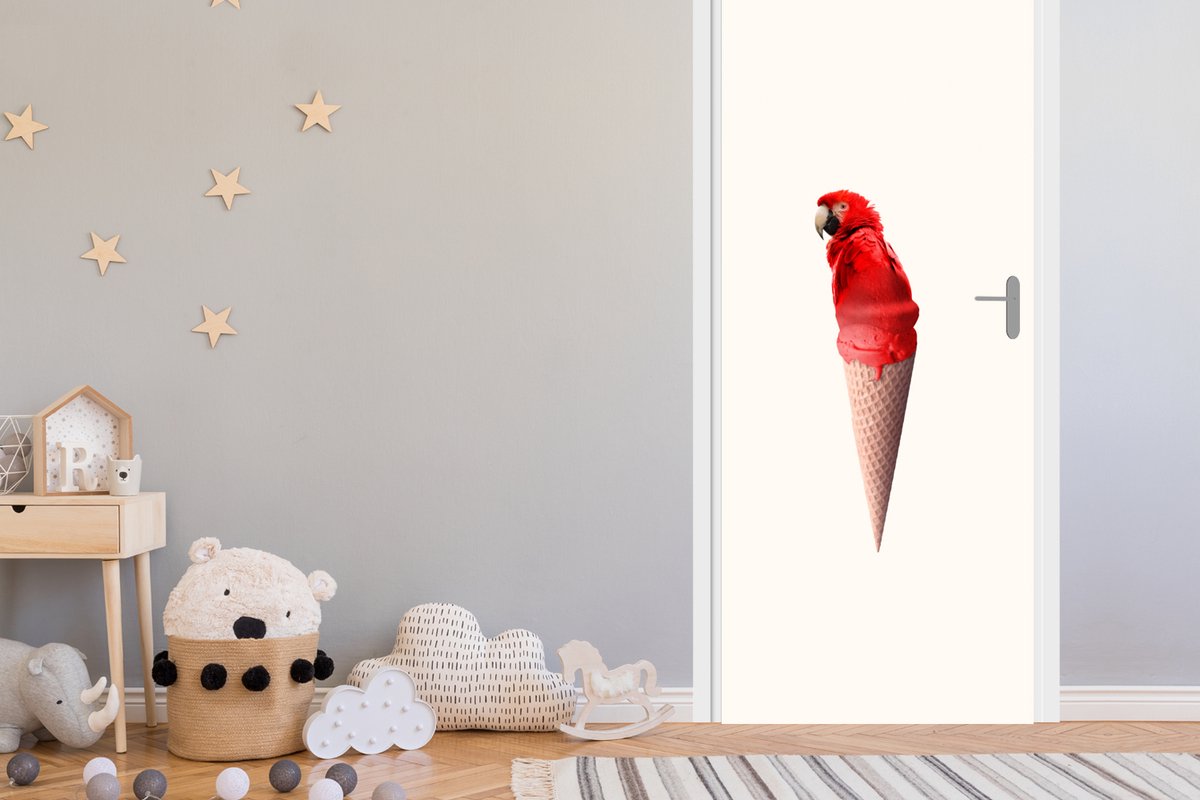 Deurposter 95x215 cm - Deursticker IJs - Papegaai - Rood - IJshoorntjes - Wit - Meubelfoli