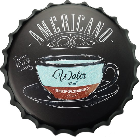 Wandbord – Americano coffee - Metalen wandbord - Metalen decoratie - Metalen bord - Wandborden - Wandbord metaal - Wandbord rond - Coffee - Decoratie - Cave & Garden