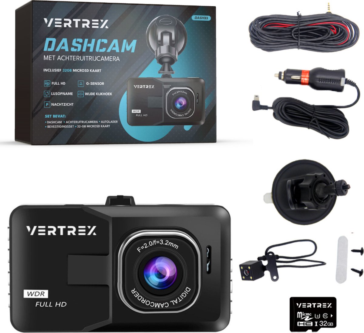 VERTREX Dashcam voor Auto 1080P Full HD - Voor en Achter - Dash cams - Nachtvisie - G-Sensor - 170° Wijdhoeklens - 3,0" LCD - Bewegingsdetectie - Loop Recording - Incl. 32GB MicroSD Kaart – foto 8