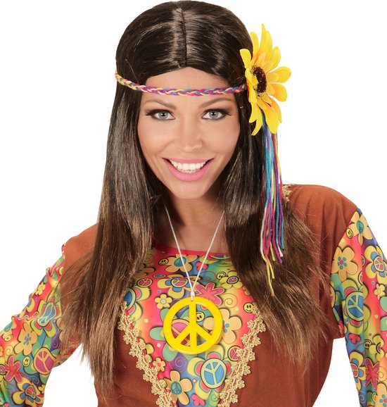 Widmann - Costume Hippie - Perruque Dammy, Hippie Marron Avec Bandeau Bloem Multicolore - Marron - Déguisements - Déguisements