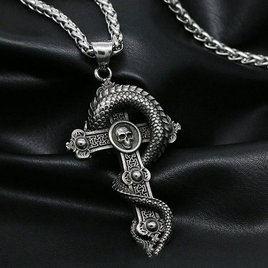 Heren Dragon Head Hanger Ketting, Gothic Vintage Zodiac Dragon Roestvrij Stalen Ketting,Zilver,50