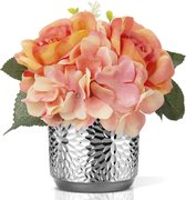 Fleurs artificielles en soie en pot, fleurs artificielles d'hortensia en soie rose artificielle rose avec pot, fausses compositions florales en pot en céramique, soie de fleur réaliste pour salon bureau décoration table cuisine