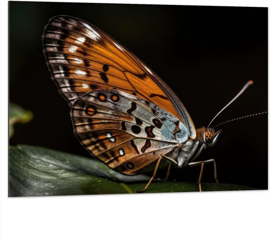 Dibond - Acraea vlinder zit op groen blad met zwarte achtergrond - 100x75 cm Foto op Aluminium (Wanddecoratie van metaal)