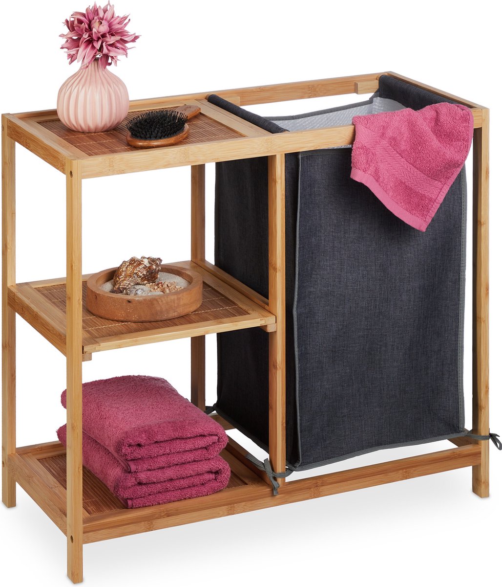 wasmand rek - bamboe - 3 planken - 65 x 68 x 33 cm - 50 l - badkamerrek - natuur-grijs