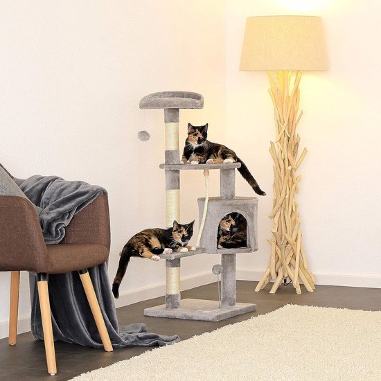 lionto krabpaal voor katten met 2 pluche ballen & speeltouw, hoogte 112 cm, kattenboom met sisaltouw & pluche, comfortabele ligplaats & hol, geschikt voor kleine & grote katten, zwart/wit