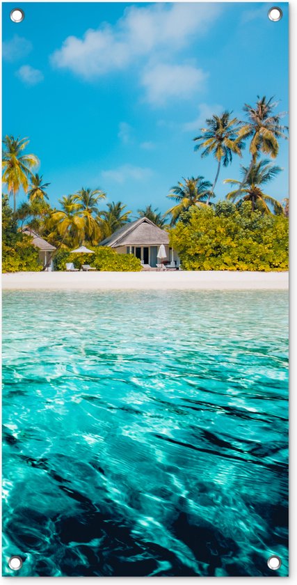 Tuinposter Strand - Palmbomen - Zee - 40x80 cm - Wanddecoratie Buiten - Tuinposter - Tuindoek - Schuttingposter - Tuinschilderij