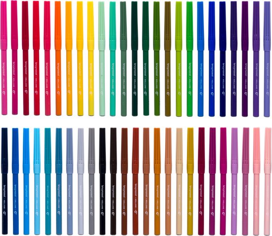 Twee rijen met 50 Bruynzeel viltstiften in alle kleuren van de regenboog.