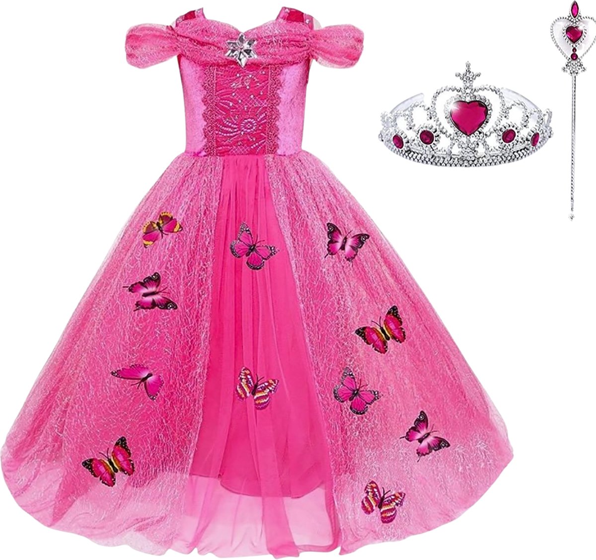 Het Betere Merk - Prinsessenjurk meisje - Roze vlinders - Verkleedkleren meisje - Maat 122/128 - Toverstaf - Kroon - Tiara - Roze jurk - Fuchsia