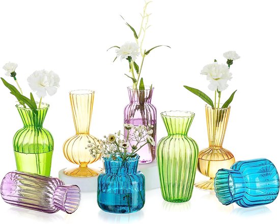 Kleine vazen bruiloft tafeldecoratie vintage, 8-delige gekleurde mini-vaas glas bloemenvaas moderne set hydrocultuur glazen vaas voor bloemen decoratie bruiloft tafel woonkamer salontafel badkamer