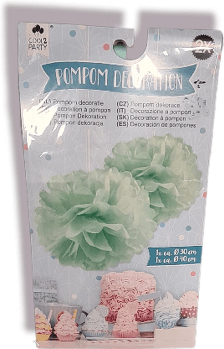 Pompom feestdecoratie mintgroen - 2 stuks