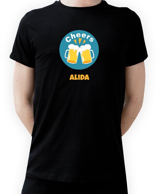 T-shirt met naam Alida|Fotofabriek T-shirt Cheers |Zwart T-shirt maat M| T-shirt met print (M)(Unisex)