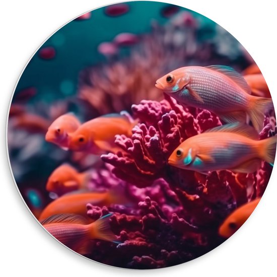 PVC Schuimplaat Muurcirkel - Groep oranje vissen zwemmen door een roze koraal heen - 50x50 cm Foto op Muurcirkel (met ophangsysteem)