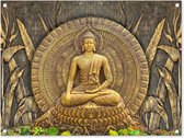 Tuinschilderij Goud - Boeddha beeld - Spiritueel - Meditatie - 80x60 cm - Tuinposter - Tuindoek - Buitenposter