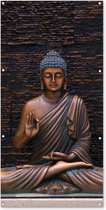 Wanddecoratie buiten Boeddha - Buddha beeld - Bruin - Spiritueel - Meditatie - 80x160 cm - Tuindoek - Buitenposter