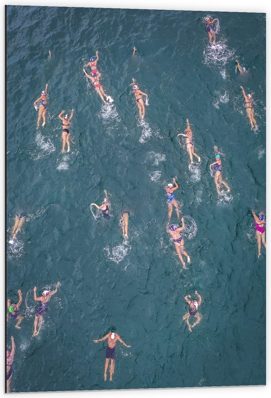 Dibond - Water - Zee - Personen - Zwemmen - 60x90 cm Foto op Aluminium (Wanddecoratie van metaal)