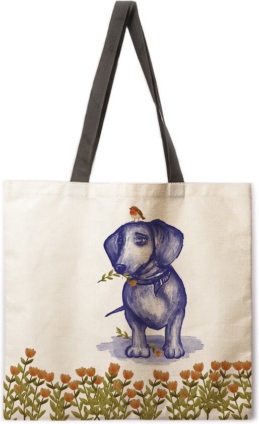 Teckel - Draagtas - Linnen - Blauw - Bloemen - Tulpen - Shopper - Tas - Tote bag - Delfsblauw - Hond