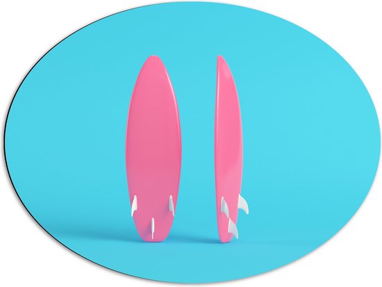Dibond Ovaal - Twee Roze Surfboads tegen Felblauwe Achtergrond - 80x60 cm Foto op Ovaal (Met Ophangsysteem)