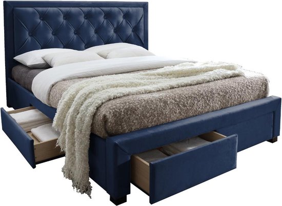 Bed met lades 180 x 200 cm - Stof van blauw velours - LEOPOLD L 216.5 cm x H 122.2 cm x D 185 cm