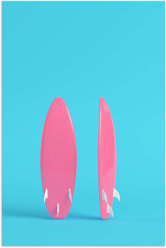 Poster (Mat) - Twee Roze Surfboads tegen Felblauwe Achtergrond - 40x60 cm Foto op Posterpapier met een Matte look
