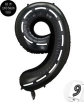 Cijfer Helium Folie Ballon XXL - 9 jaar cijfer - Zwart - Wit - Race Thema - Formule1 - 100 cm - Snoes