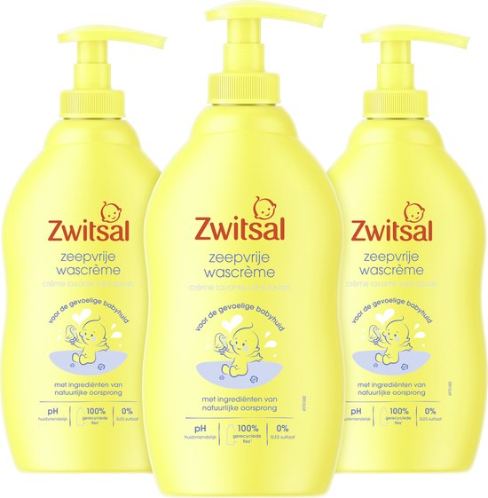Drie flessen Zwitsal zeepvrije wascrème met gele pompdispenser, 400ml per stuk, met kindvriendelijke illustratie.