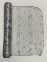 Organza stof op rol - 40 x 500 cm - zilver met boomfiguur in glitter - Decoratie stof - Knutselstof - Cadeau versieren