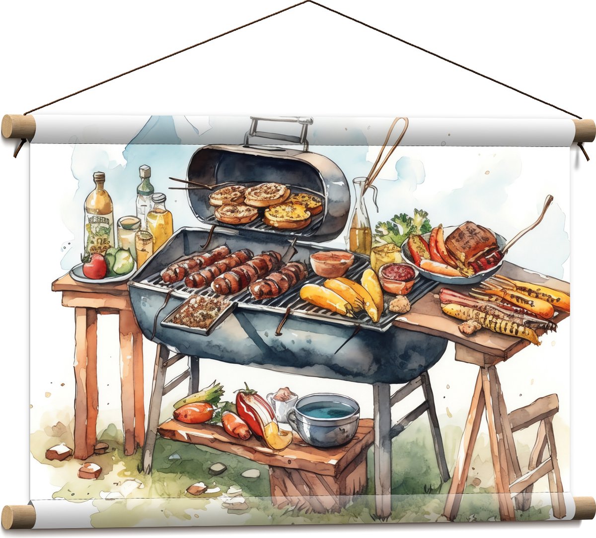 Textielposter - Tekening met Barbecue met Eten - 60x40 cm Foto op Textiel