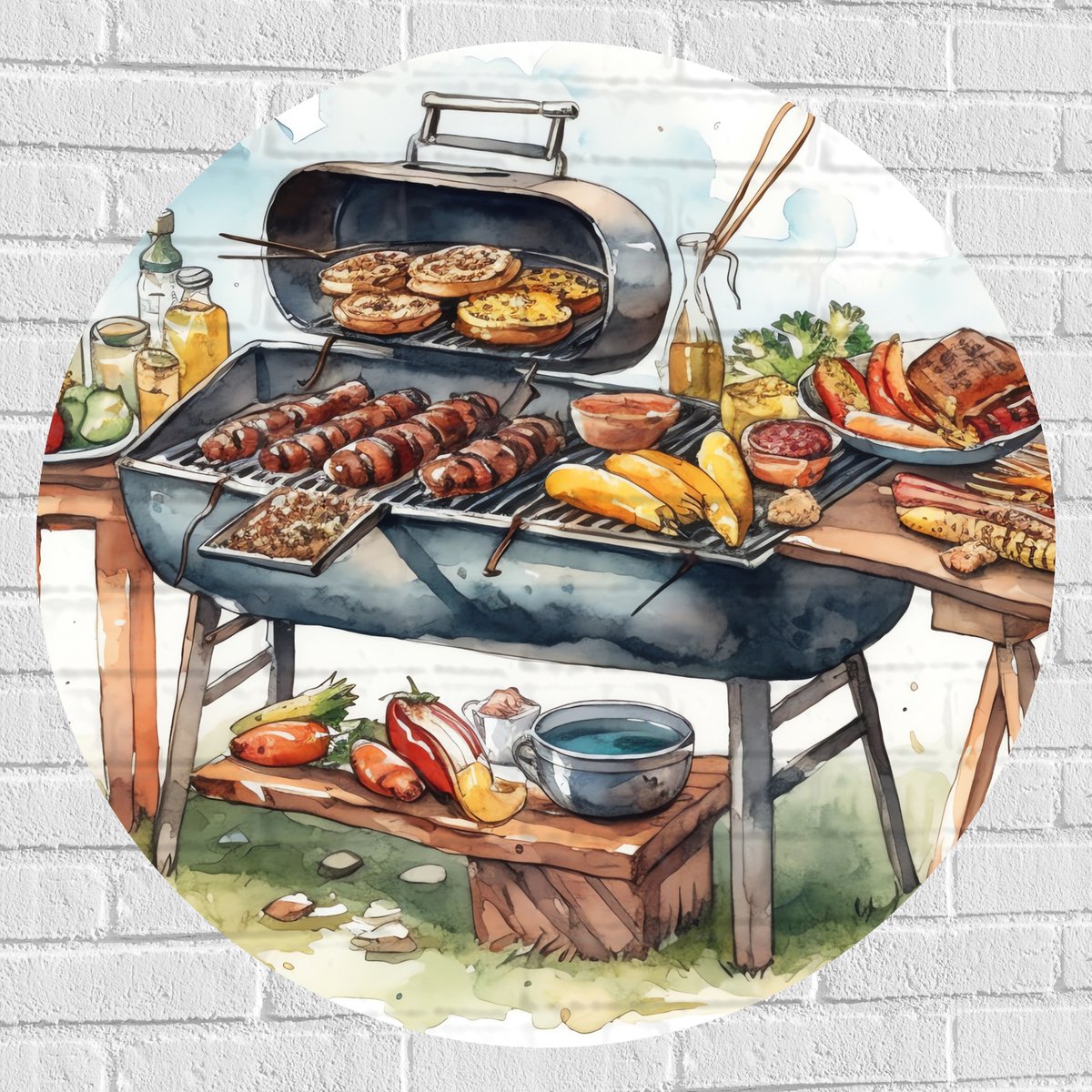 Muursticker Cirkel - Tekening met Barbecue met Eten - 90x90 cm Foto op Muursticker