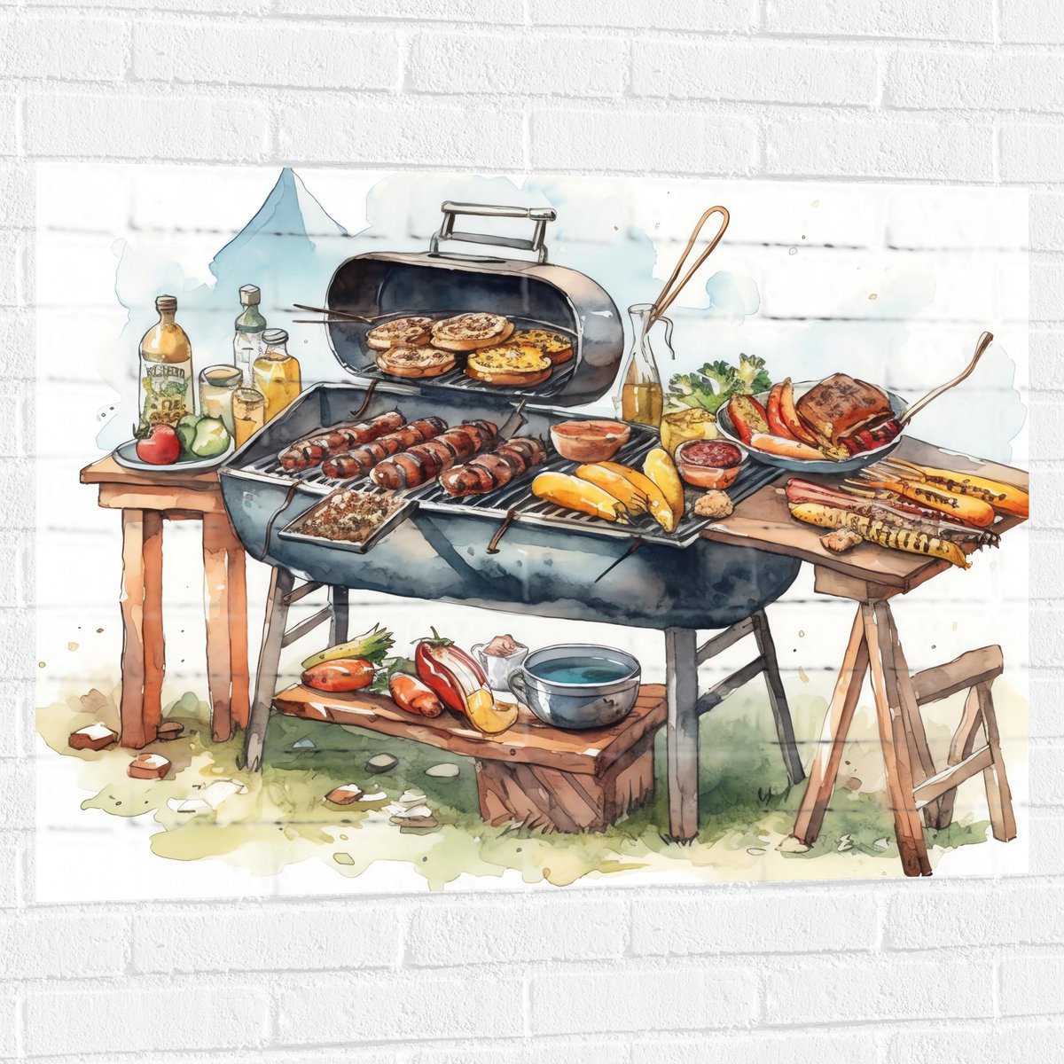 Muursticker - Tekening met Barbecue met Eten - 100x75 cm Foto op Muursticker