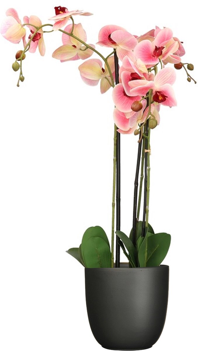 Mica Decorations Orchidee kunstplant roze - 75 cm - inclusief bloempot titanium grijs glans - Kunstbloemen in pot