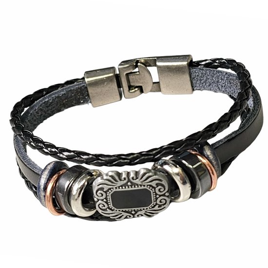 Fako Bijoux® - Leren Armband - Leder Exclusive - Schild - 20cm - Zwart