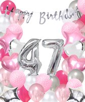Snoes Ballonnen 47 Jaar Pink Blush Silver Mega Ballon - Compleet Feestpakket 47 Jaar - Verjaardag Versiering Slinger Happy Birthday – Folieballon – Latex Ballonnen - Helium Ballonnen - Zilver en Roze Verjaardag Decoratie