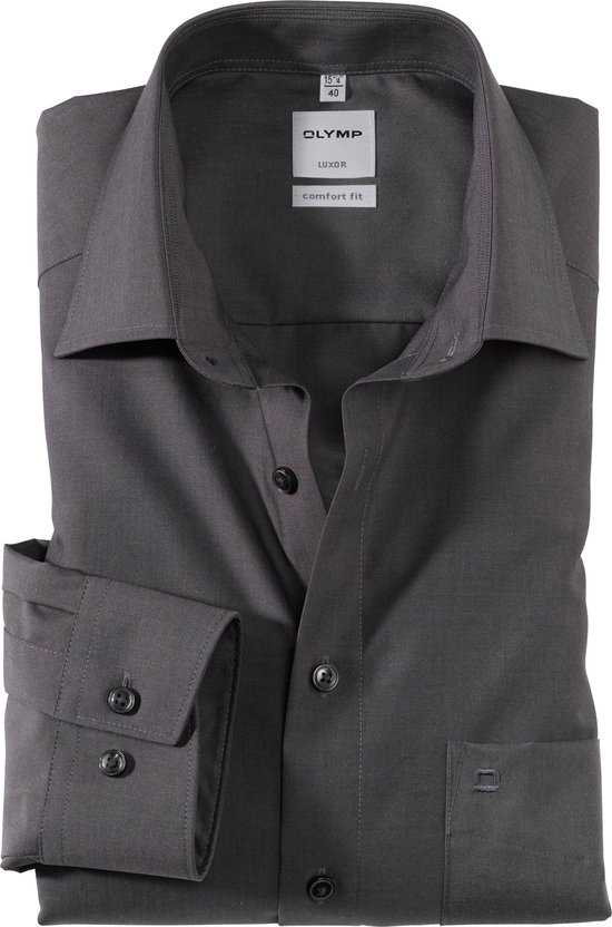 OLYMP Luxor comfort fit overhemd - antraciet grijs - Strijkvrij - Boordmaat: 40