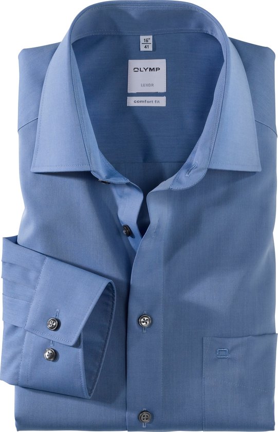 OLYMP Luxor comfort fit overhemd - middenblauw - Strijkvrij - Boordmaat: 44