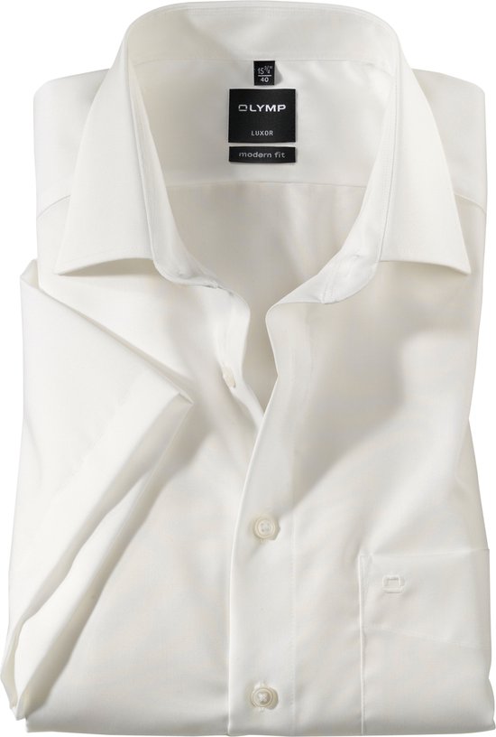 OLYMP Luxor modern fit overhemd - korte mouw - beige - creme - Strijkvrij - Boordmaat: 39