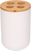 Witte tandenborstel houder met bamboe 11 cm - 300 ml - Badkameraccessoires - Drinkbeker