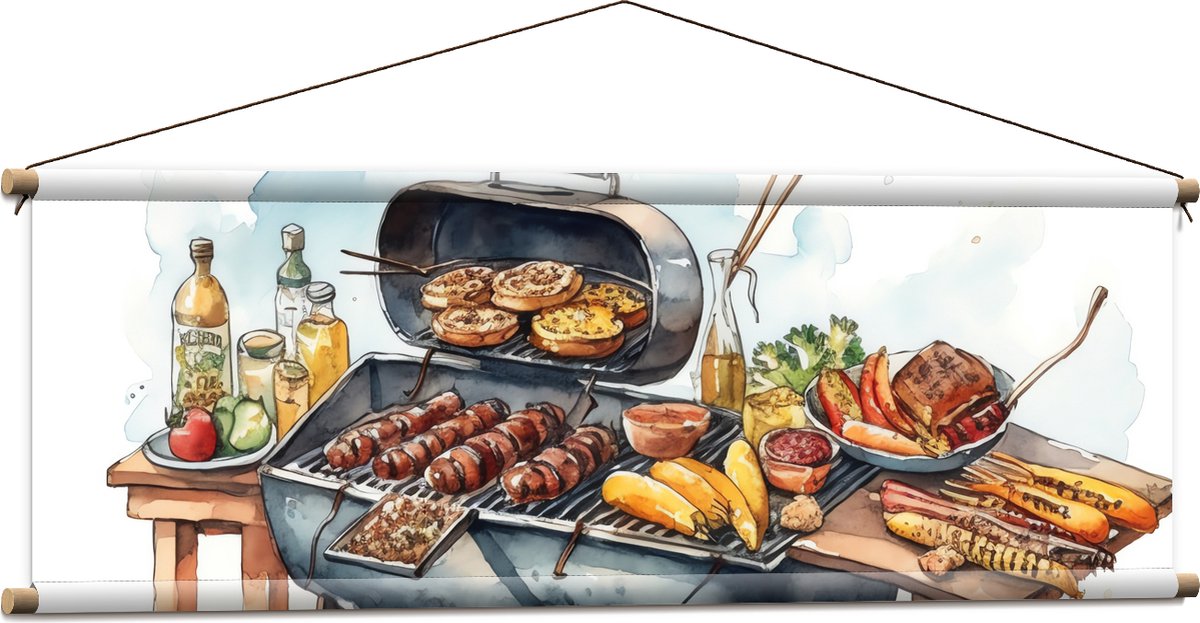 Textielposter - Tekening met Barbecue met Eten - 120x40 cm Foto op Textiel