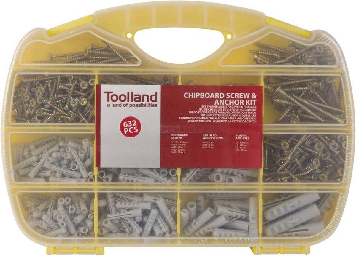 Toolland Assortiment spaanplaatschroeven en pluggen, 632-delig, verschillende maten
