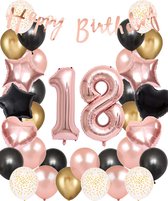 Snoes Ballonnen 18 Jaar Set Mega Rose Black Zwart Ballonen set - Compleet Feestpakket Cijferballon 18 Jaar - Verjaardag Versiering Slinger Happy Birthday – Folieballon – Latex Ballonnen - Helium Ballonnen