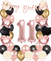 Snoes Ballonnen 11 Jaar Set Mega Rose Black Zwart Ballonen set - Compleet Feestpakket Cijferballon 11 Jaar - Verjaardag Versiering Slinger Happy Birthday – Folieballon – Latex Ballonnen - Helium Ballonnen