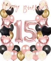 Snoes Ballonnen 15 Jaar Set Mega Rose Black Zwart Ballonen set - Compleet Feestpakket Cijferballon 15 Jaar - Verjaardag Versiering Slinger Happy Birthday – Folieballon – Latex Ballonnen - Helium Ballonnen