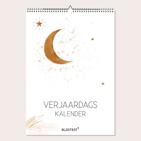 Verjaardagskalender Koestert met gouden maan en sterren.