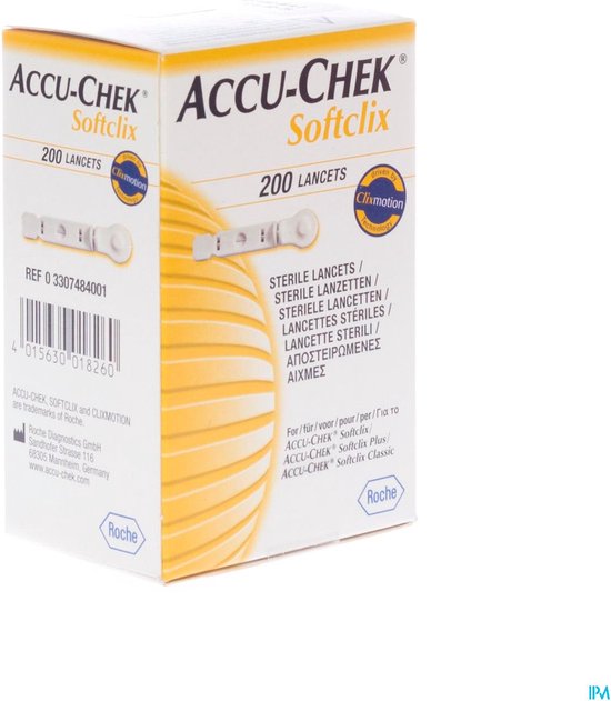 Doosje met 200 Accu-Chek Softclix lancetten. Wit met gele accenten en barcode.