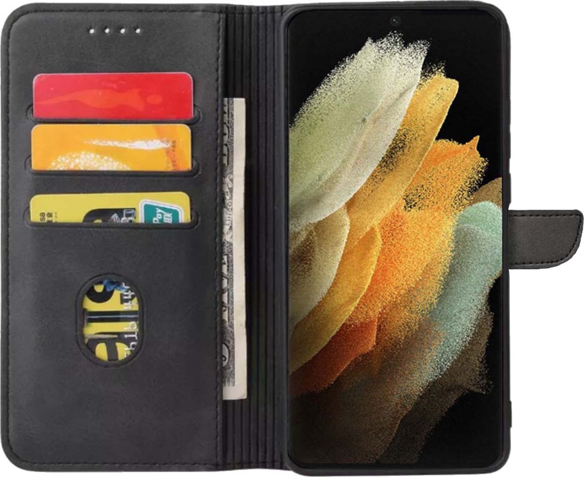 Geschikt voor Samsung Galaxy S21 Ultra Telefoonhoesje Kunstleer met Magnetisch lipje en Pasjeshouder Book Case met Klepje - Zwart - Smartphonica geschikt voor Samsung Galaxy S21 Ultra