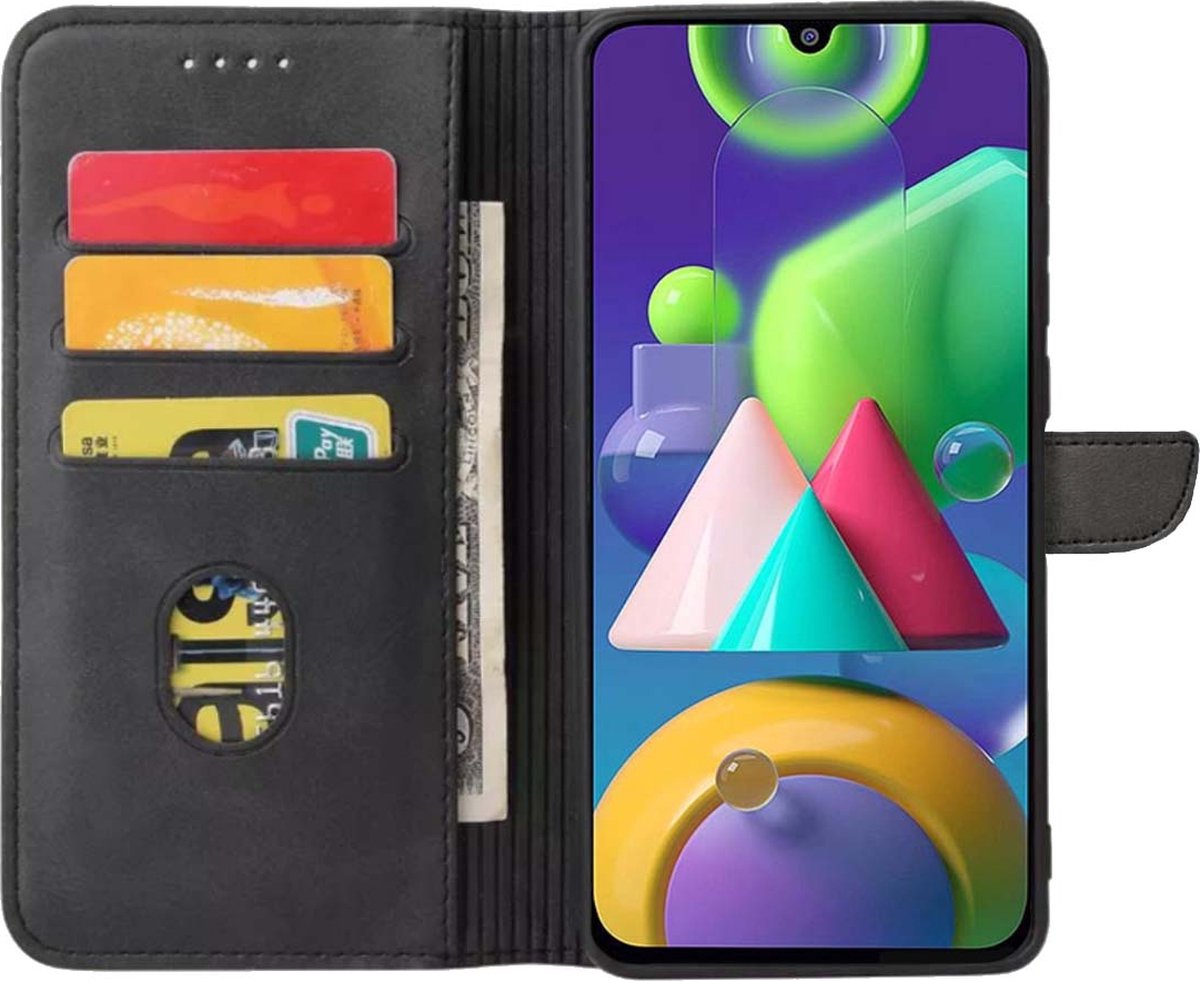 Geschikt voor Samsung Galaxy M21 Telefoonhoesje Kunstleer met Magnetisch lipje en Pasjeshouder Book Case met Klepje - Zwart - Smartphonica geschikt voor Samsung Galaxy M21